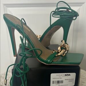 Fashion Nova Green and Gold Stiletto Heels with Ankle Straps